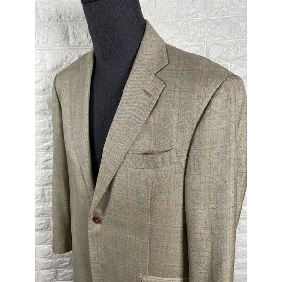 44 RBrown Tan Over Check Plaid SILK WOOL 2-vent Blazer Jacket Coat E. THOMAS